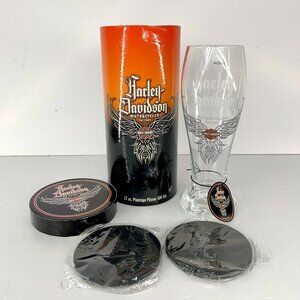 NWT Harley-Davidson Pinstripe Gift Set Pilsner Glass & Embossed Leather Coasters